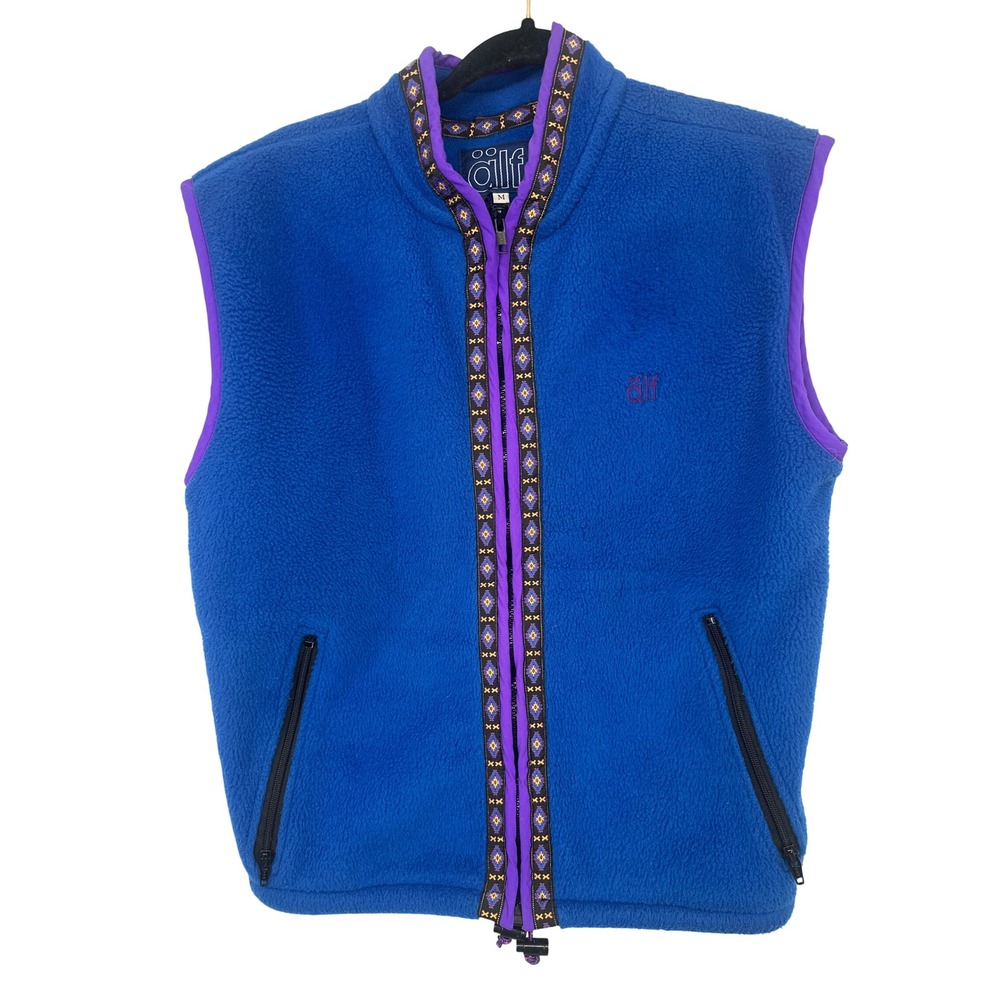 Vintage Alf Fleece Zip Vest Womens M Blue Gorpcore Retro Polartec Aztec Trim USA